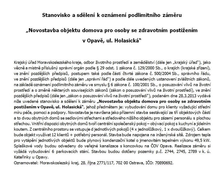 novostavba objektu pro osoby se zdravotnim postizenim