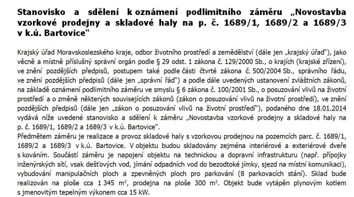 vzorkova prodejna sklad bartovice