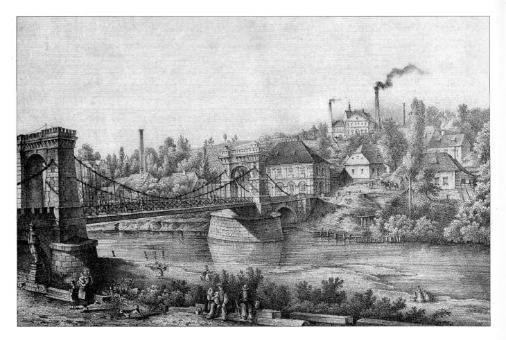 Litografie Ernsta Wilhelma Knippela z let 1847–1857 s pohledem na most přes řeku Ostravici, kde je socha sv. Jana Nepomuckého vidět zcela vlevo před mostem