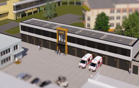vizualizace plánované novostavby modulární garáže s administrativou v Krnově.