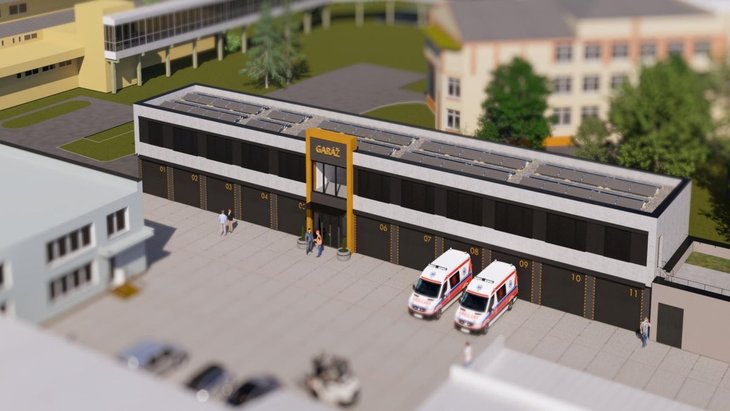vizualizace plánované novostavby modulární garáže s administrativou v Krnově.